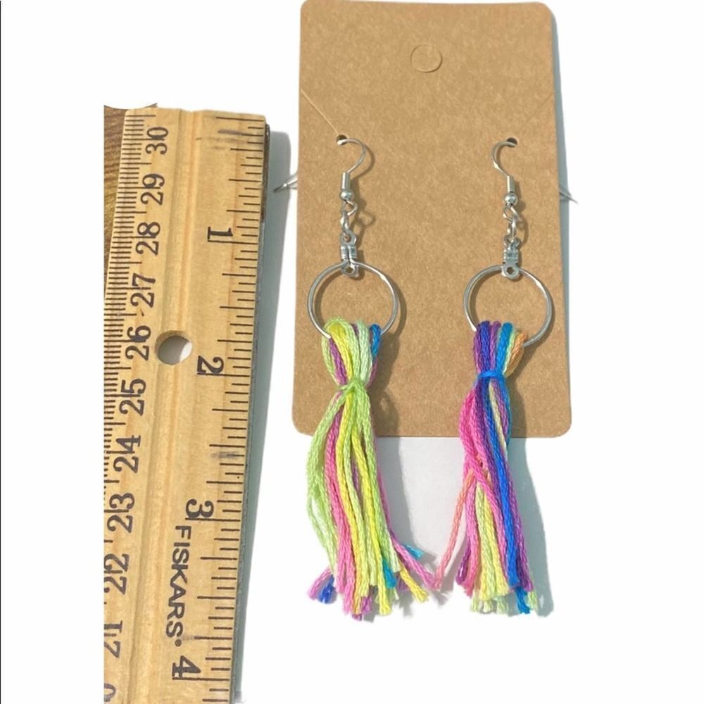 Rainbow Tassel Fringe Statement Earrings Slip On Dangle Hoop Silver Green Pink‎ - Picture 5 of 6